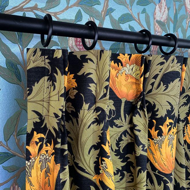 【オーダー専用ページ】カーテン モリス柄 アネモネ ブラック 横幅85cm×丈195 1枚 2倍ヒダ 3つ山
