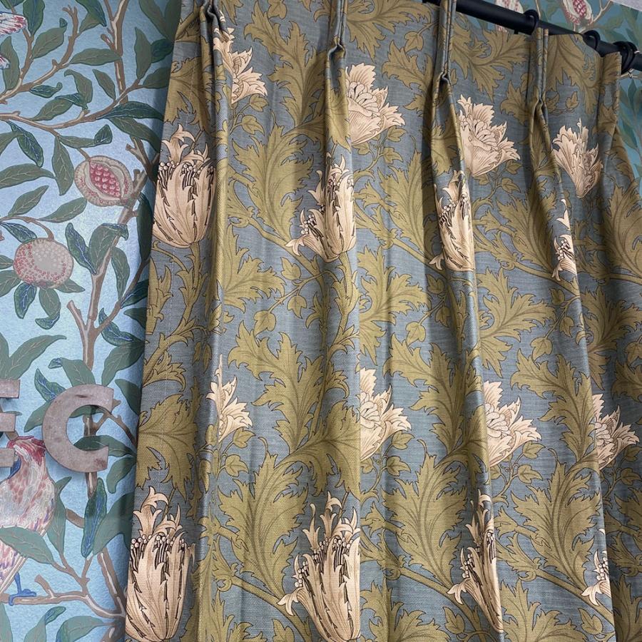 カーテン モリス柄 アネモネ サックス 横幅200cm 2倍ヒダ 3つ山ヒダ 花