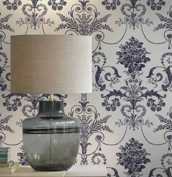 壁紙 ローラアシュレイ 113387 Josette Off White / Midnight オフホワイト/ミッドナイト ダマスク