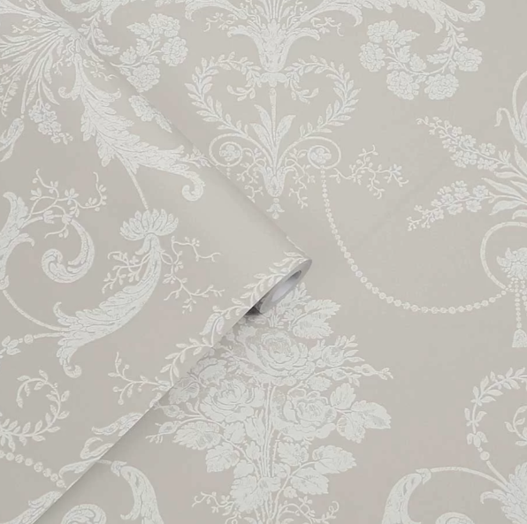 壁紙 ローラアシュレイ 113378 Josette ジョゼッテ White / Dove Grey ダマスク