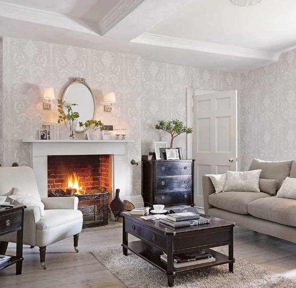 壁紙 ローラアシュレイ 113378 Josette ジョゼッテ White / Dove Grey ダマスク