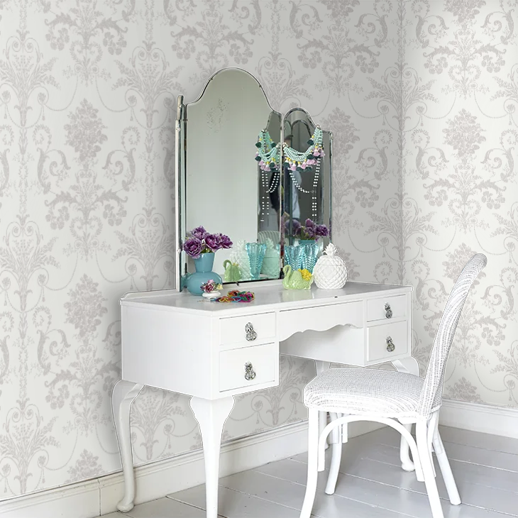 壁紙 ローラアシュレイ 113385 Josette ジョゼッテ Dove Grey / White グレー/ホワイト ダマスク