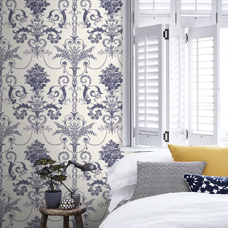 壁紙 ローラアシュレイ 113387 Josette Off White / Midnight オフホワイト/ミッドナイト ダマスク
