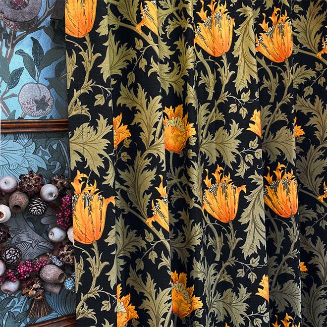 【オーダー専用ページ】カーテン モリス柄 アネモネ ブラック 横幅85cm×丈195　1枚 2倍ヒダ 3つ山