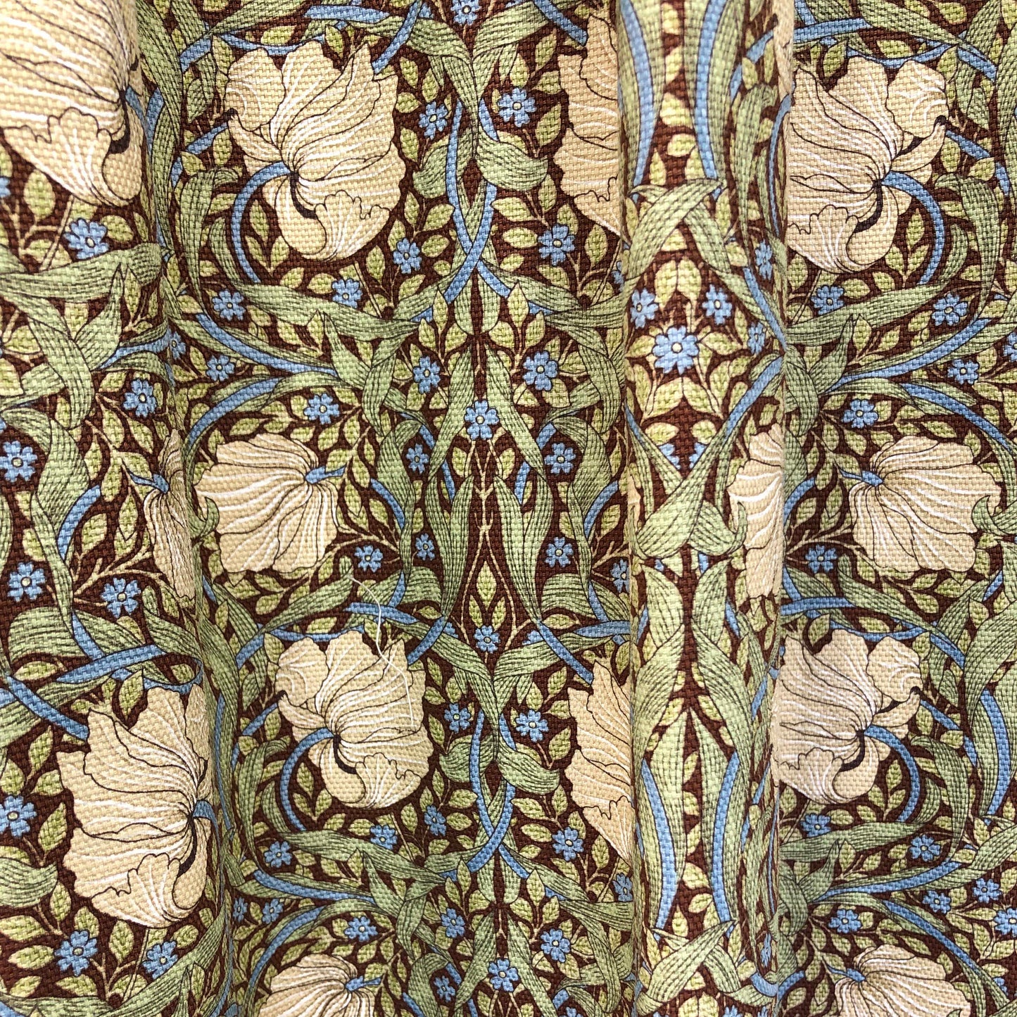 カーテン モリス柄 巾180cm 1.5倍ヒダ 2つ山ヒダ ピンパネルブラウン 花柄 コットン 既成 腰窓 フック付き